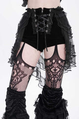 Black Ruffle Stitching Lace-Up Mesh Women's Gothic Shorts - Black - 1