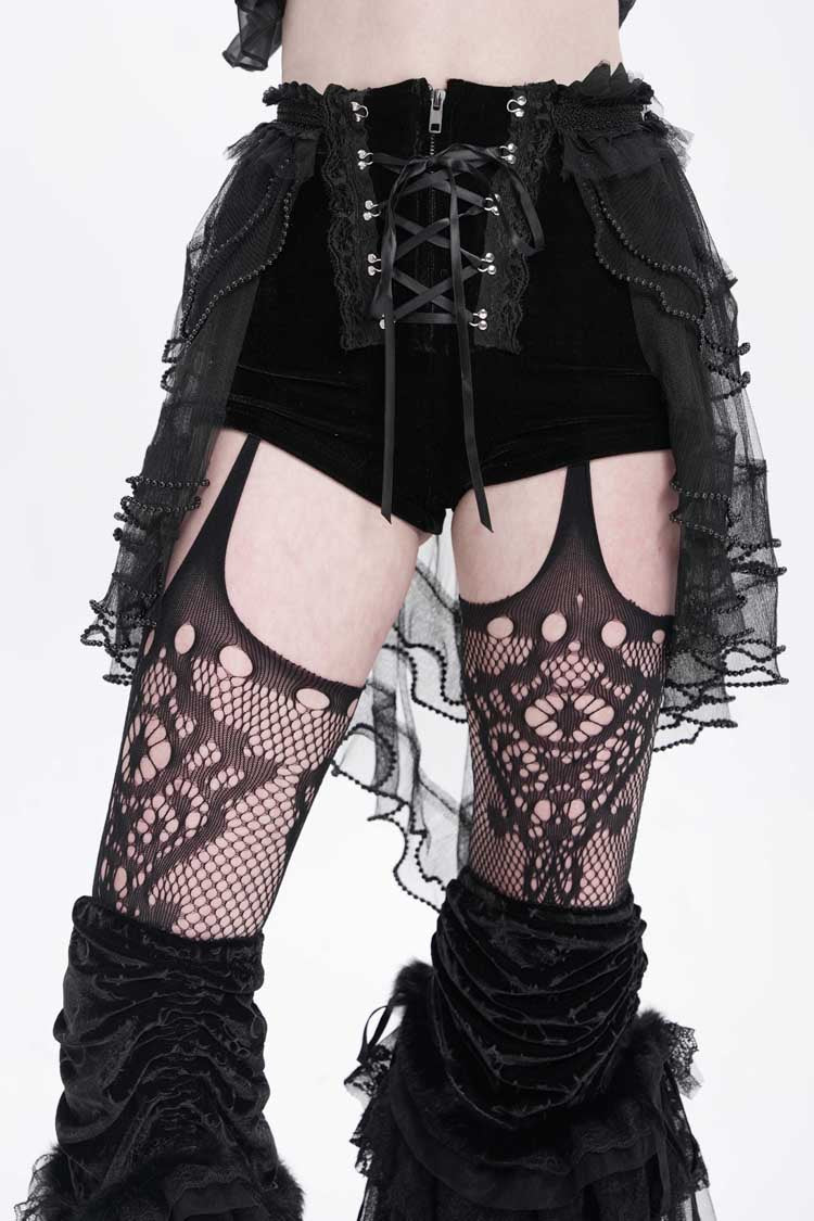Black Ruffle Stitching Lace-Up Mesh Women's Gothic Shorts - Black - 1