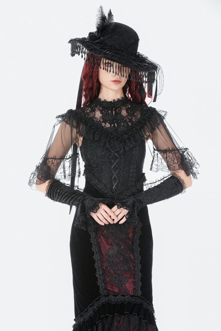 Black Sleeveless Ruffled Lace Spliced Mesh Women's Gothic Cape - Product - 5