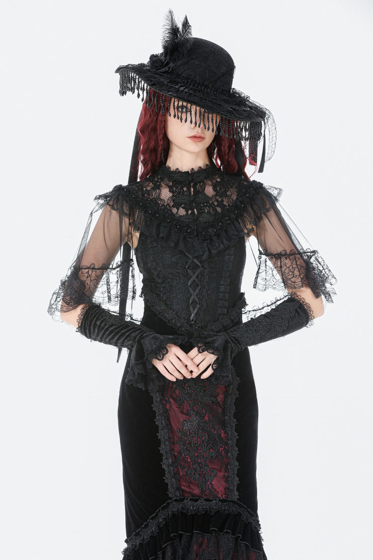 Black Sleeveless Ruffled Lace Spliced Mesh Women's Gothic Cape - Product - 5