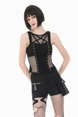 Black Women's Punk Sleeveless Studded Pentagram Sheer Mesh Splice Tank Top - Product - 6