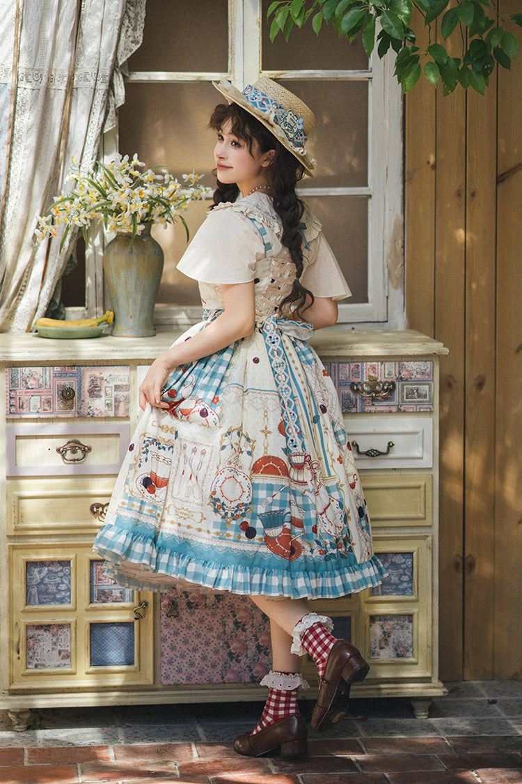 Blue/Green Tea Party Print Ruffle Bowknot Lace Sweet Elegant (Dress Only) detail view 4