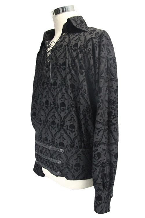 Black Lace Up Neckline Skull Printed Mens Gothic Blouse - Product - 3