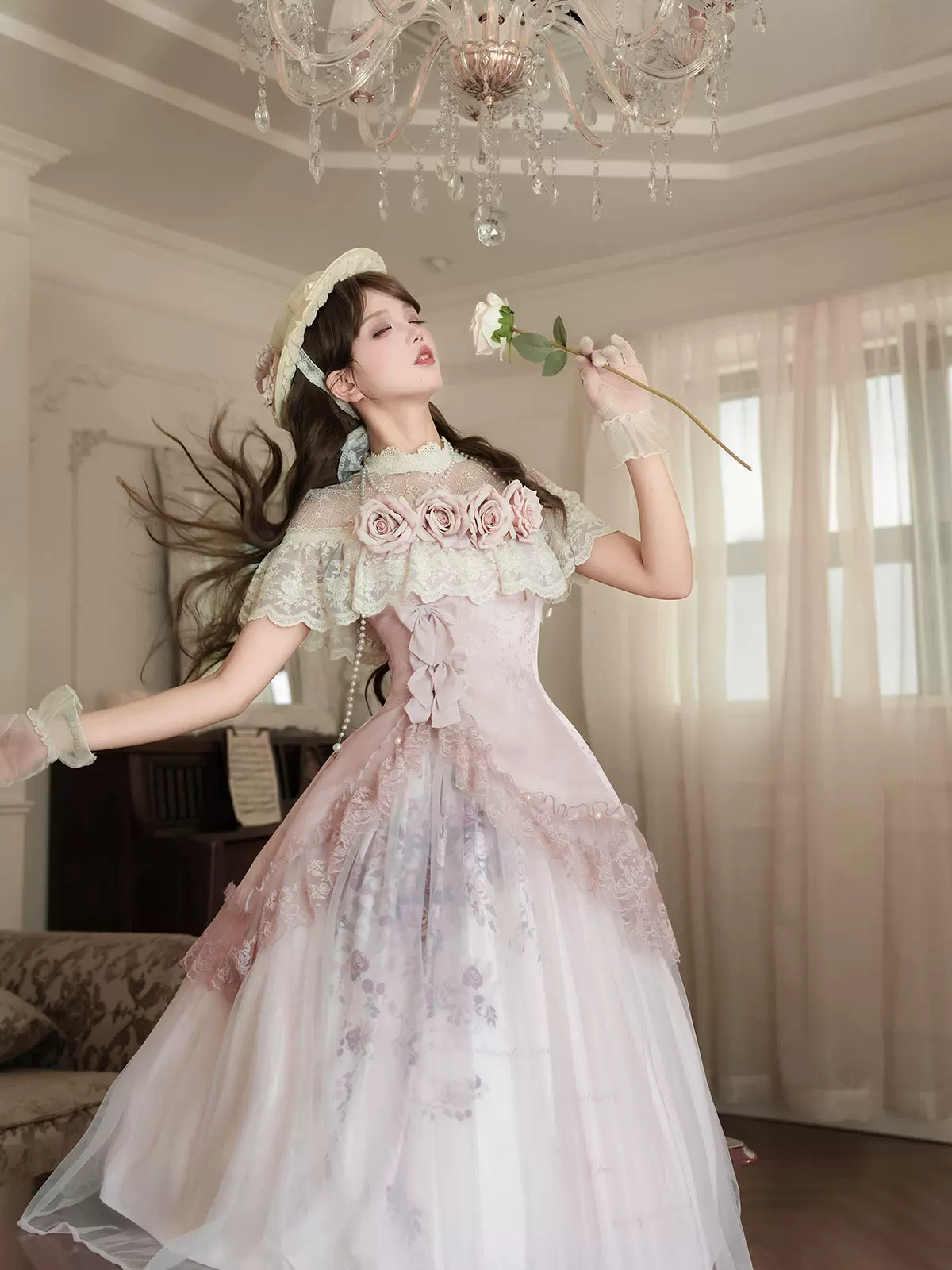 Pink Floral Mesh Lace Ruffled Rose Sweet Princess Vintage (Set) detail view 5