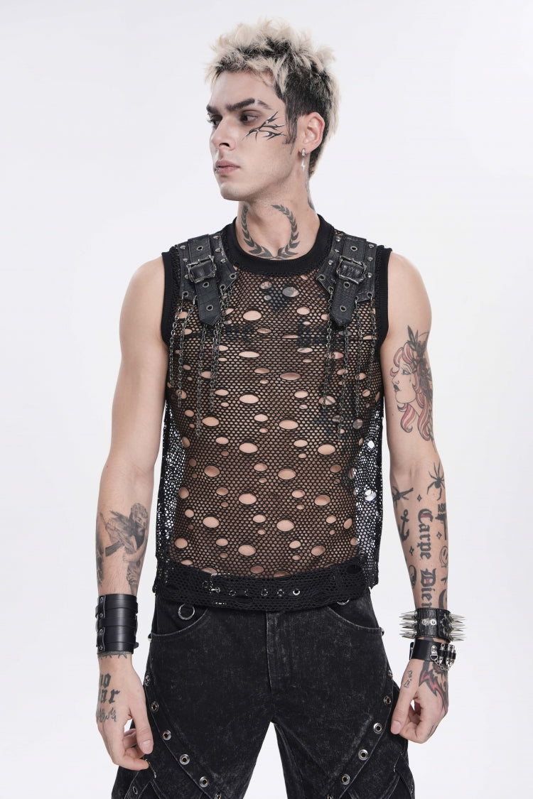 Black Round Collar Sleeveless Cut-Out Mesh Ripped Chain-Decorated Eyelet Men's Punk Cool Vest - Product - 8