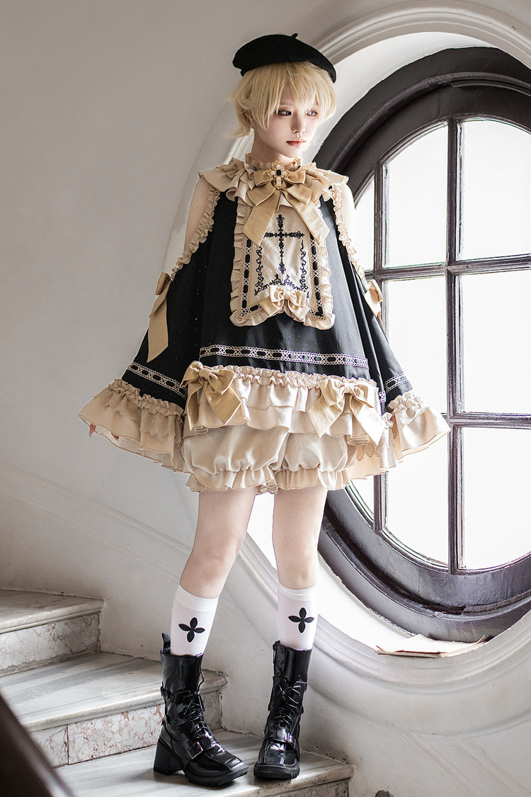 Black/Gold [Saint Child of the Cross] Round Collar Off Shoulder Long Trumpet Sleeves Ruffled Bow Gothic College Style Ouji Lolita Set - Product - 5
