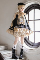 Black/Gold [Saint Child of the Cross] Round Collar Off Shoulder Long Trumpet Sleeves Ruffled Bow Gothic College Style Ouji Lolita Set - Product - 5