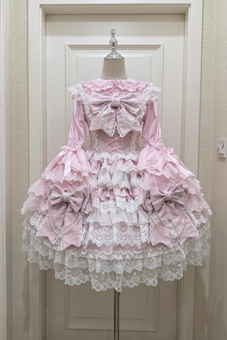 Pink [Knot of the Crossed Heart] Sleeveless Multi-Layered Ruffle Hanayome Cardigan Bowknot Lace Lace-Up Sweet Lolita Jsk Dress - Product - 3