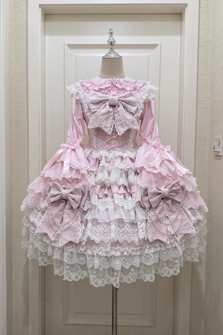 Pink [Knot of the Crossed Heart] Sleeveless Multi-Layered Ruffle Hanayome Cardigan Bowknot Lace Lace-Up Sweet Lolita Jsk Dress - Product - 3