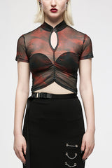 Short Sleeves Ruffle Sheer Tie-dyed Women's Punk Chinese Style T-Shirt 2 Colors - Black/Red - 1