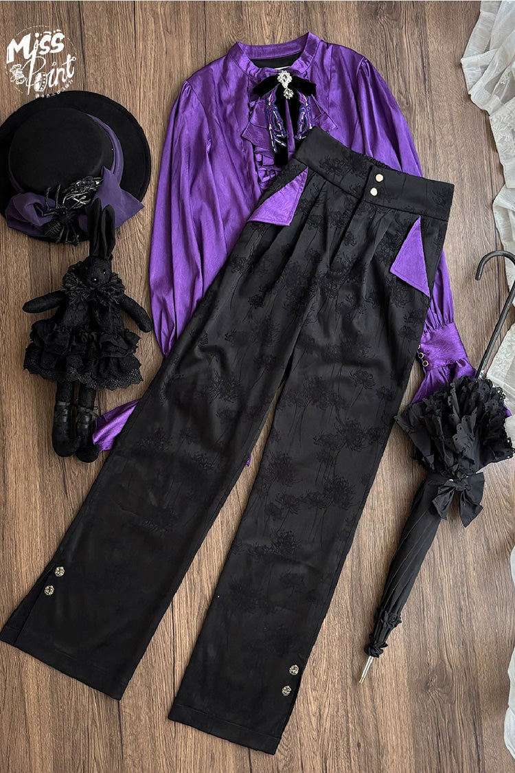 Black/Purple [Moonlit Return] Jacquard Printed Lace-Up Gothic Elegant Ouji Lolita (Blouse/Pants/Shorts/Vest) - Pants(Only) - 10