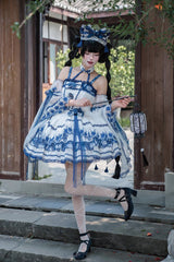[Misty Qingdai] Off Shoulder Halterneck Printed Ruffled Embroidered Bow Classic Chinese Inspired Lolita Dress 2 Colors (Porcelain Blue, Pink) - Product - 3
