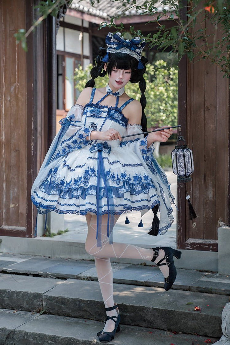 [Misty Qingdai] Off Shoulder Halterneck Printed Ruffled Embroidered Bow Classic Chinese Inspired Lolita Dress 2 Colors (Porcelain Blue, Pink) - Product - 3