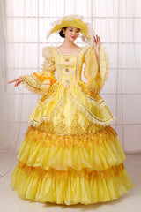 Yellow Hime Sleeves High Waisted Lace Stitching Gem Button Multi-Layer Victorian Lolita Prom Dress - Product - 2
