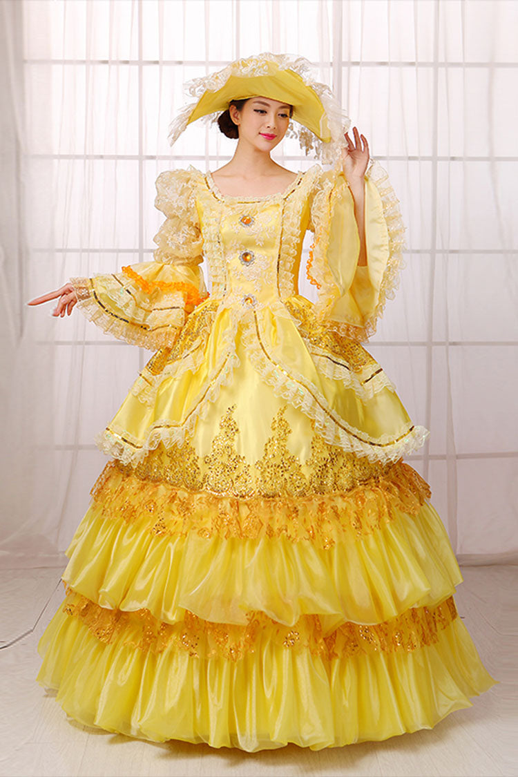 Yellow Hime Sleeves High Waisted Lace Stitching Gem Button Multi-Layer Victorian Lolita Prom Dress - Product - 2