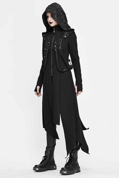 Black Hooded Slim Knitted Long Womens Punk Coat - Product - 2