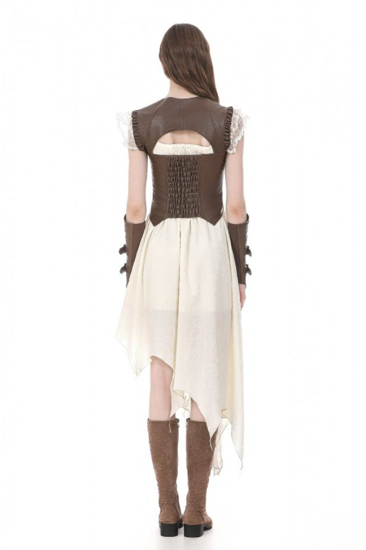 Brown Sweetheart Neckline Ruffled Flutter Sleeves Cut-Out Buckled Strap Women's Steampunk Slim Corset Vest - Product - 4
