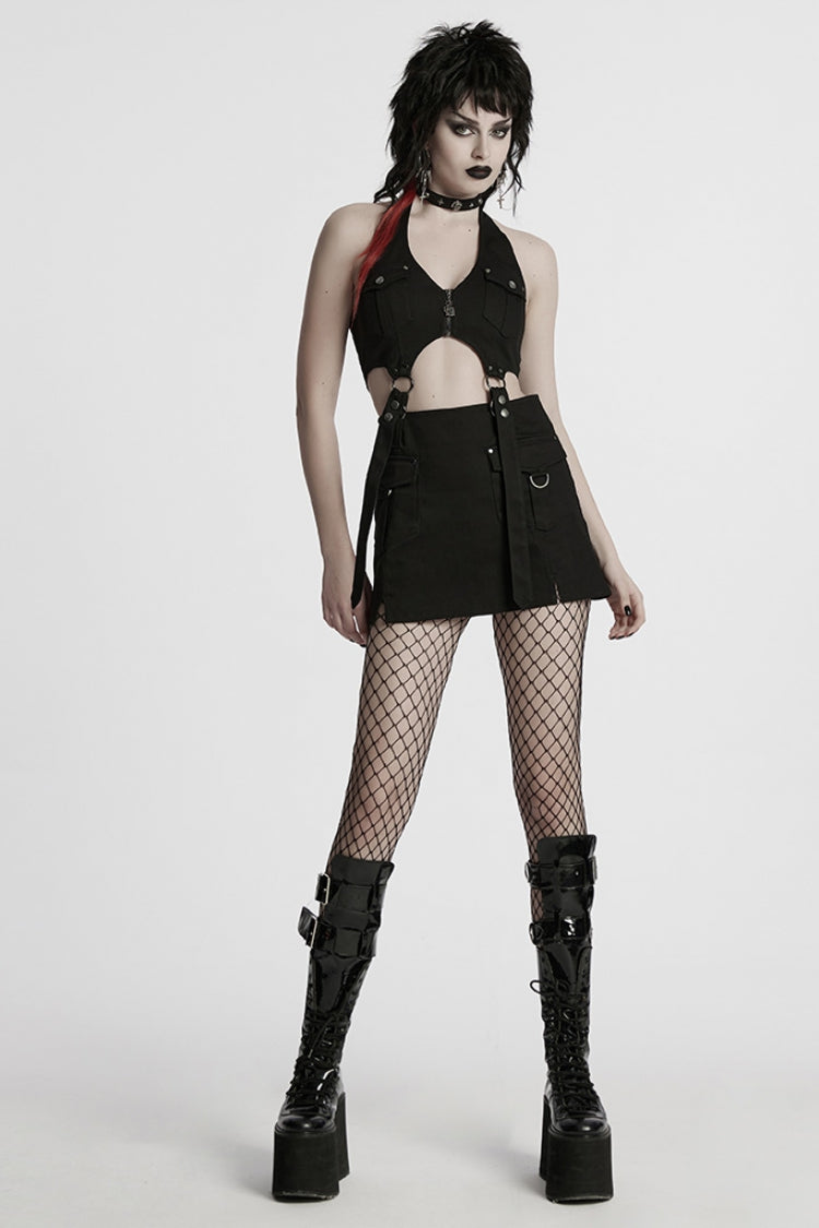 Black Halterneck Women's Punk Tank Top with Skirt Set - Product - 4