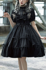 Black Elegant Round Collar Bowknot Short Sleeves High Waisted Gothic Lolita OP Dress - Black - 1