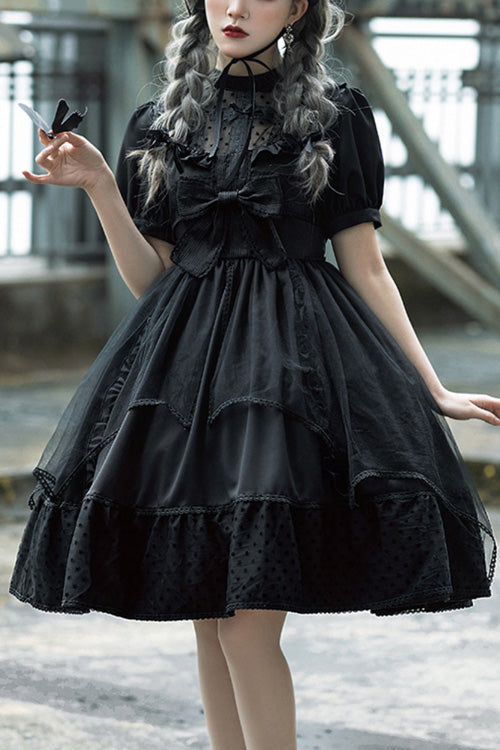 Black Elegant Round Collar Bowknot Short Sleeves High Waisted Gothic Lolita OP Dress - Black - 1