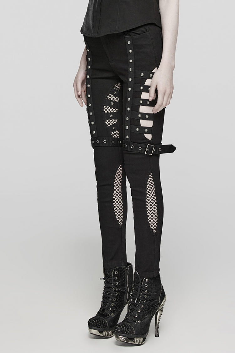 Black Mesh Women's Punk Cutout Eyelet Jeans - Product - 2
