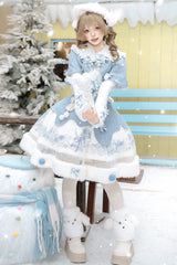 Light Blue [Rolling Snowballs] Printed Bow Sweet Lolita Jsk Dress Set - Product - 13