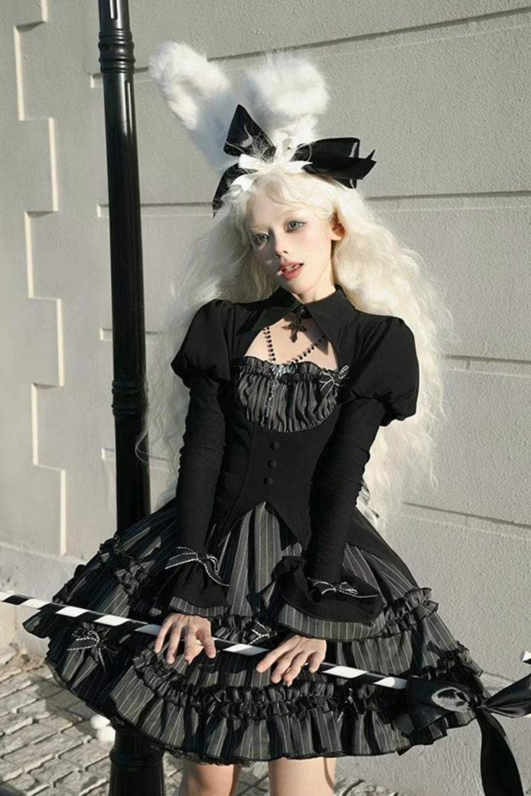 Black [Duke of the Trap Rabbit] Long Sleeves Stripe Print Ruffle Bowknot Lace Gothic Lolita Dress - Product - 3