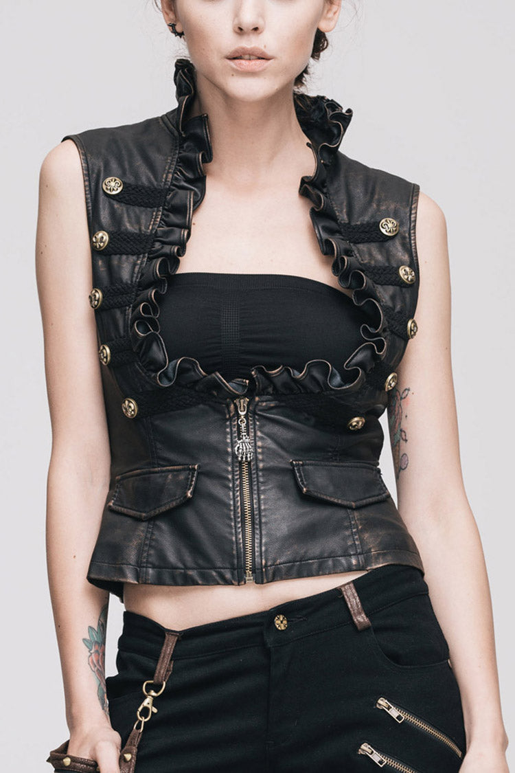 Black/Brown Big Opening Chest Wave Hand Rubbed Leather Collar Women's  Punk Vest - Black/Brown - 1