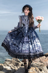Blue [Angel Garden] Print Ruffle Bowknot Asymmetric Classic Elegant Lolita Jsk Dress - Blue - 1