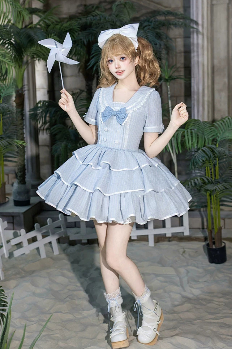 Blue [Seven Day Bell] Navy Collar Short Sleeves Printed Ruffled Bow Sweet Lolita Dress 2 Versions - Product - 13