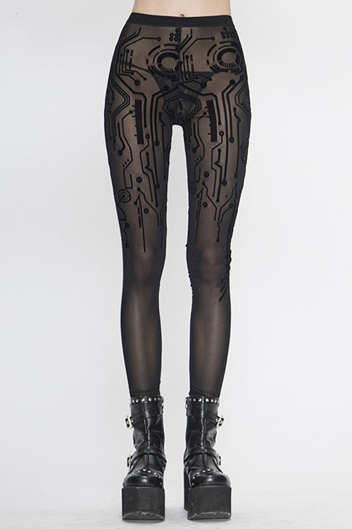 Black Punk Circuit Diagram Flocking Stretch Mesh Leggings Womens Pants - Black - 1