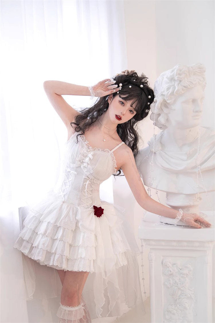 White High Waisted Multi-layer Rose Bowknot Lace-Up Gothic Lolita Jsk Dress - Product - 2