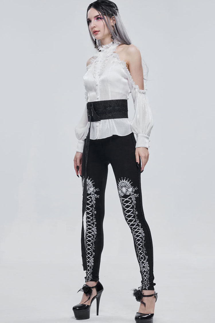Black/White Gothic Printed Decoration Tie-Rope Elasticity Women's Leggings - Product - 11