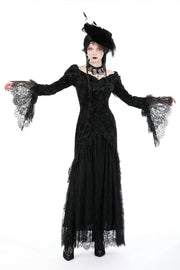 Black Off Shoulder Lace Long Trumpet Sleeves Lace-Up Women's Gothic Bodycon Dress - Black - 1