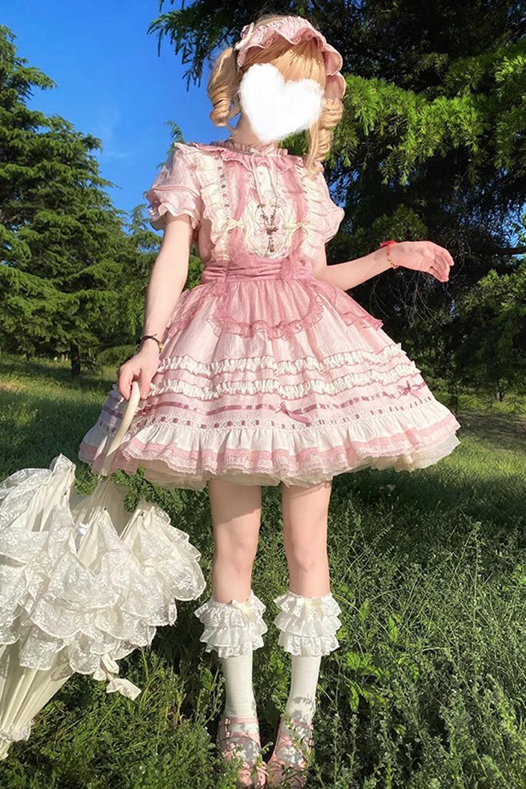 Pink Rabbit Print Sweet Dream Girl Short Sleeves Ruffle Bowknot Stitching Lace Lolita Dress - Product - 6