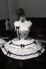 White Pure Cotton Sleeveless Double-Layered Polka Dot Print Ruffle Bowknot Daily Sweet Lolita Jsk Dress - Product - 3