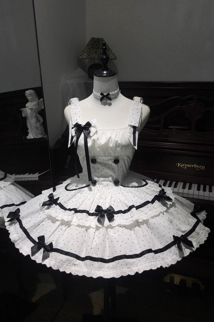 White Pure Cotton Sleeveless Double-Layered Polka Dot Print Ruffle Bowknot Daily Sweet Lolita Jsk Dress - Product - 3