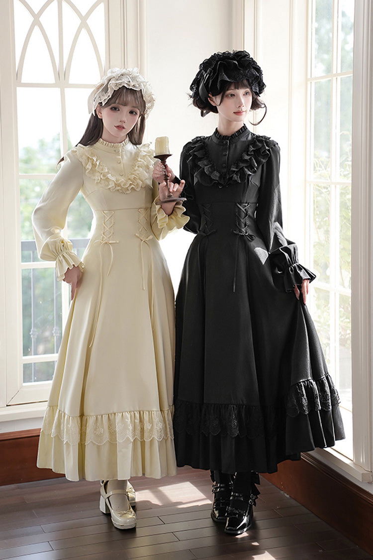 [Letters & Poems · Day and Night] スタンドカラー 長袖 フリル リボン レースアップ ゴシックロリータ ワンピース 2色 商品画像