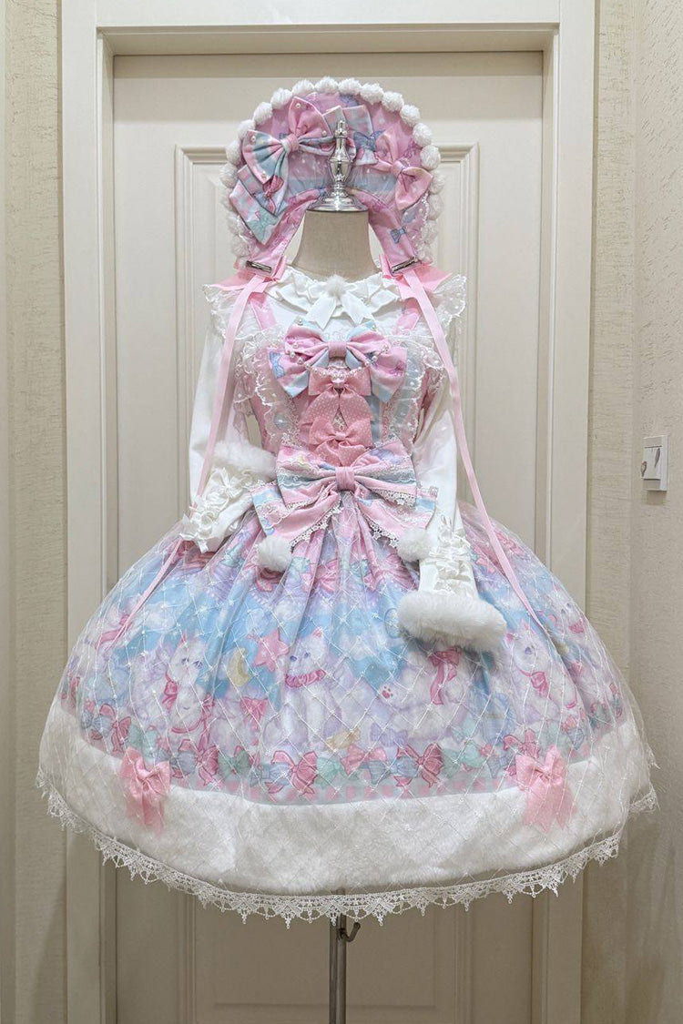 Pink/Blue [Candy Mary Cat] Printed Ruffled Embroidered Bow Lace Sweet Lolita Jsk Dress - Product - 3