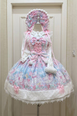 Pink/Blue [Candy Mary Cat] Printed Ruffled Embroidered Bow Lace Sweet Lolita Jsk Dress - Product - 3