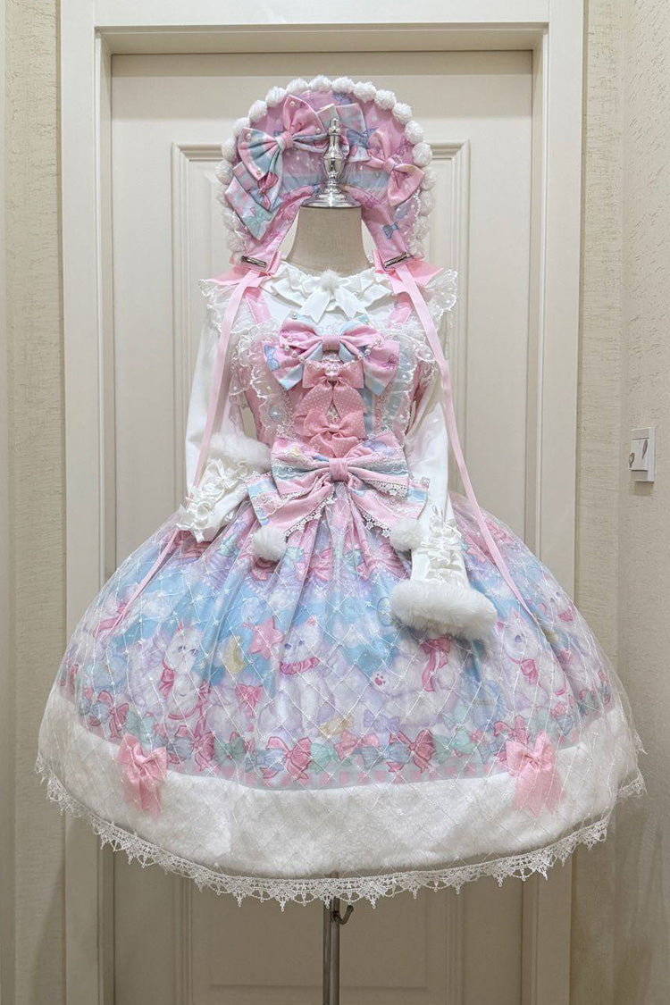 Pink/Blue [Candy Mary Cat] Printed Ruffled Embroidered Bow Lace Sweet Lolita Jsk Dress - Product - 3