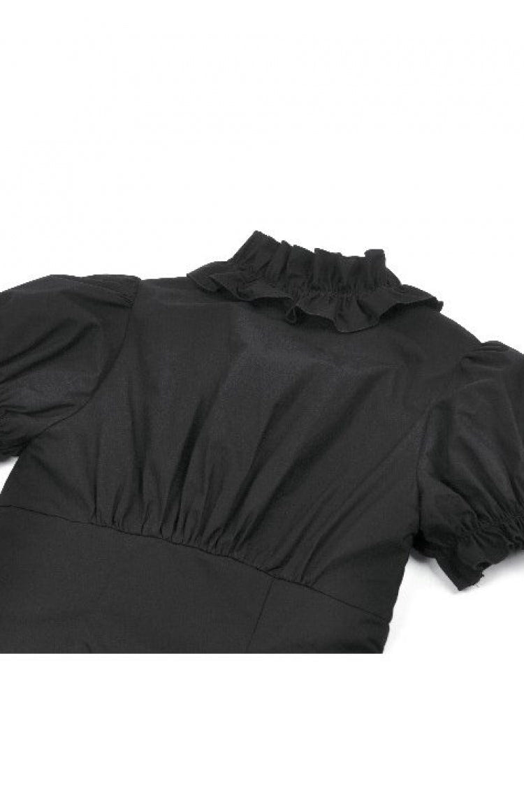 Black Women's Punk Ruffled V Collar Short Puff Sleeves Buckled Waist Zippered Crop Top - Product - 16