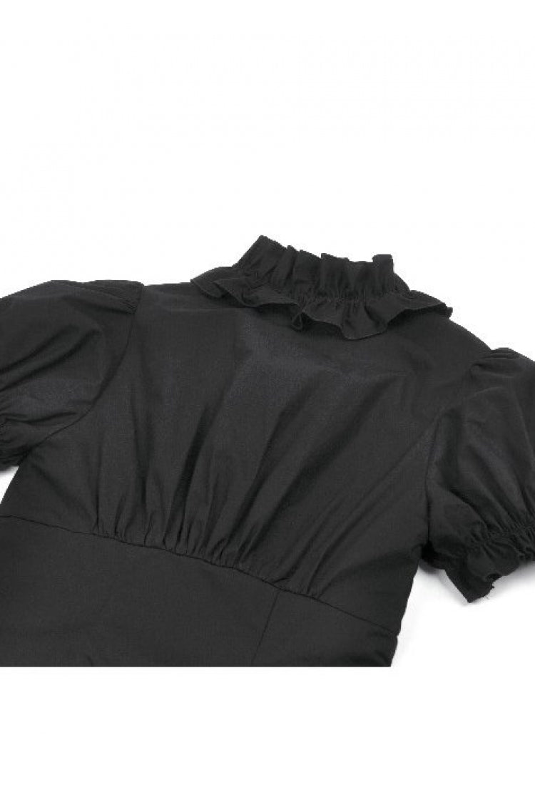 Black Women's Punk Ruffled V Collar Short Puff Sleeves Buckled Waist Zippered Crop Top - Product - 16