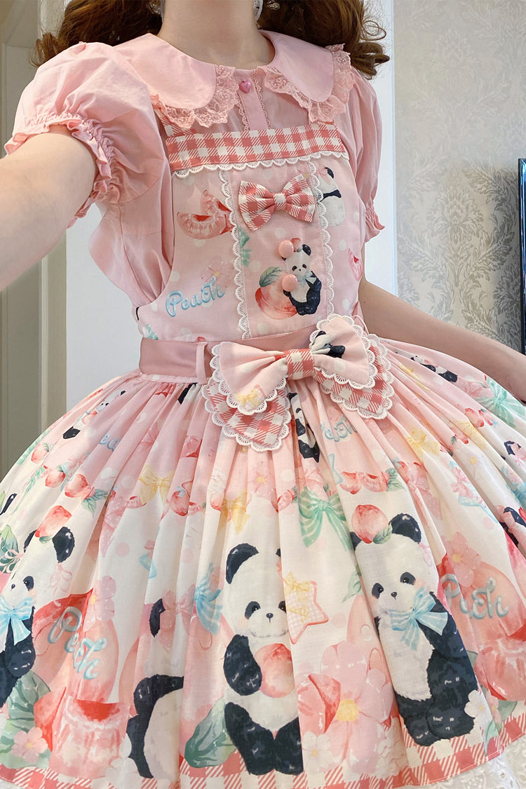 Panda Peach Print Bowknot Sweet Lolita Strap Dress 3 Colors - Product - 5