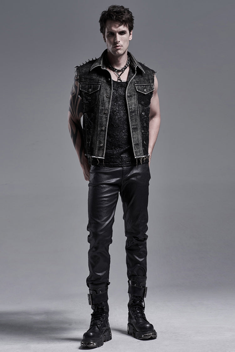 Black Rivets Lapel Collar Sleeveless Mens Steampunk Vintage Denim Vest - Product - 4