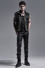 Black Rivets Lapel Collar Sleeveless Mens Steampunk Vintage Denim Vest - Product - 4