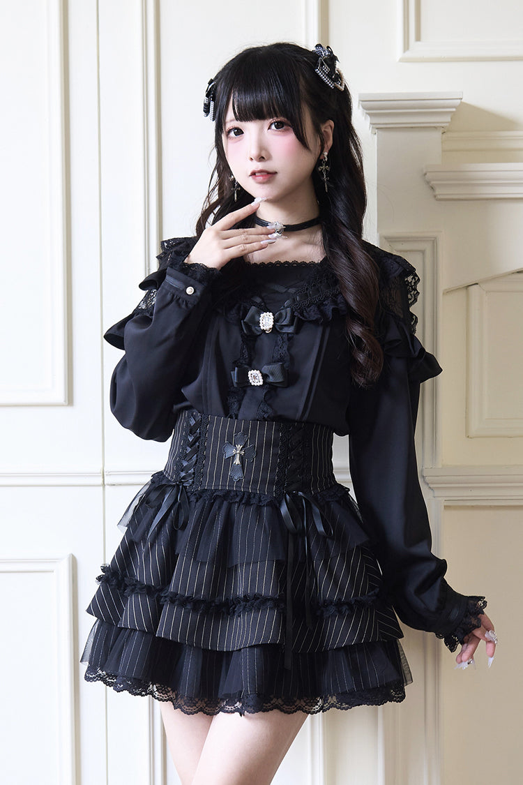 Jirai Kei Navy Collar Long Sleeves Bowknot Lace Sweet Japanese Blouse 3 Colors - Black - 1