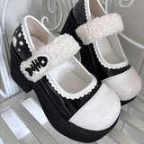 Fishbone-Style Single-Strap Buckle Sweet Lolita Platform Shoes - White/Black - 5