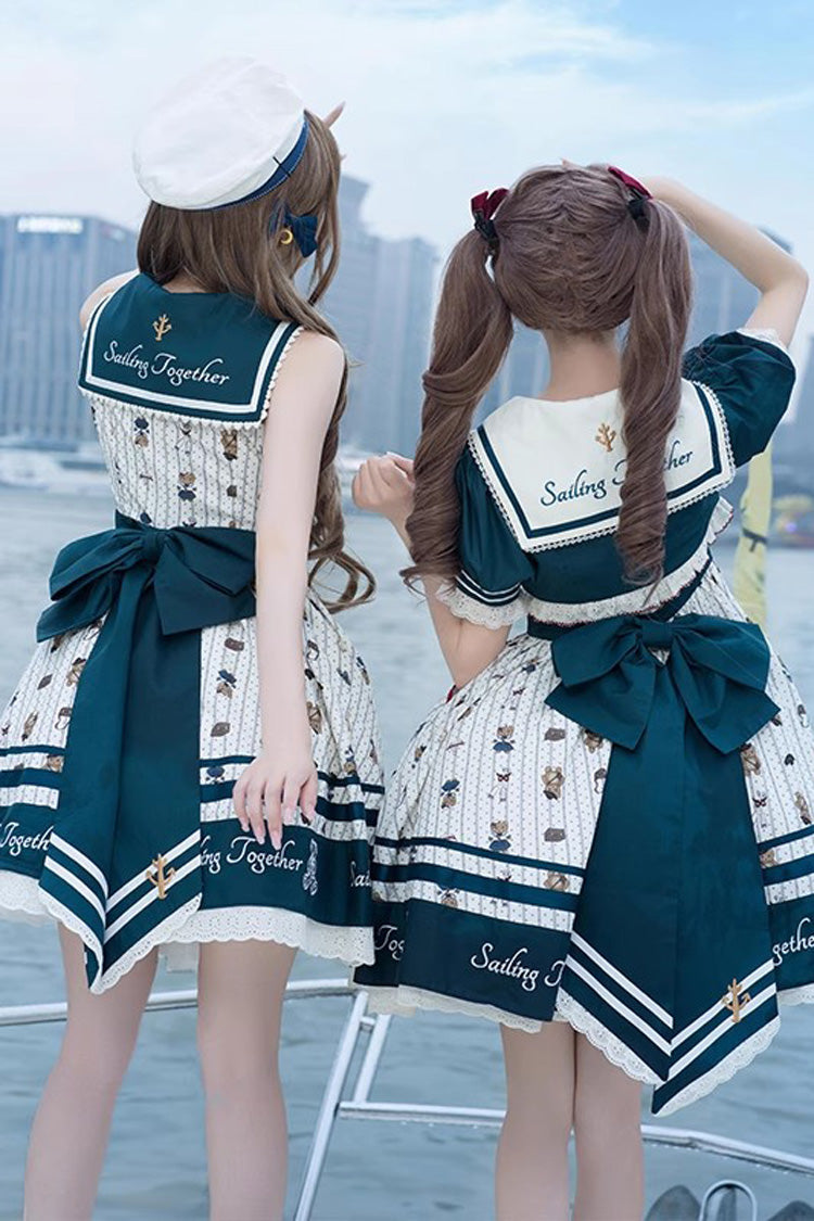 Blue/White Bear Print Navy Ruffle Bowknot Sweet Princess Lolita Jsk Dress - Product - 4