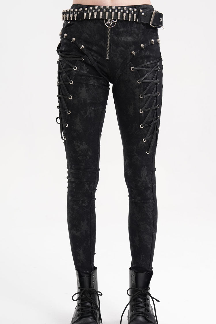 Black Skull Rivets Lace-Up Women's Punk Pants - Black - 1